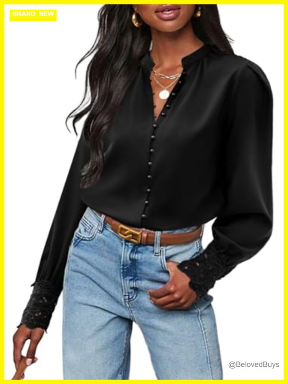 Chiffon Button Down Blouse Lace Cuff Long Sleeve Business Shirt